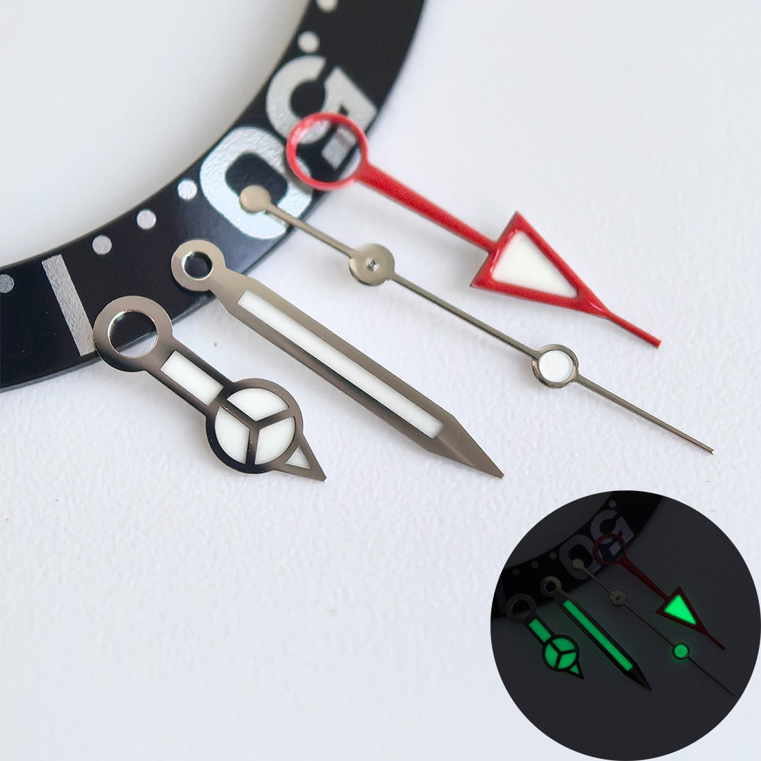 Green lume red GMT watch hands with silver trim, compatible with NH34 movement, precision crafted.