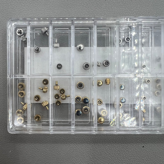 Assortment Kit 63 pieces stainless steel watch crowns, golden & silver, 0.7mm diameter for watch repair.