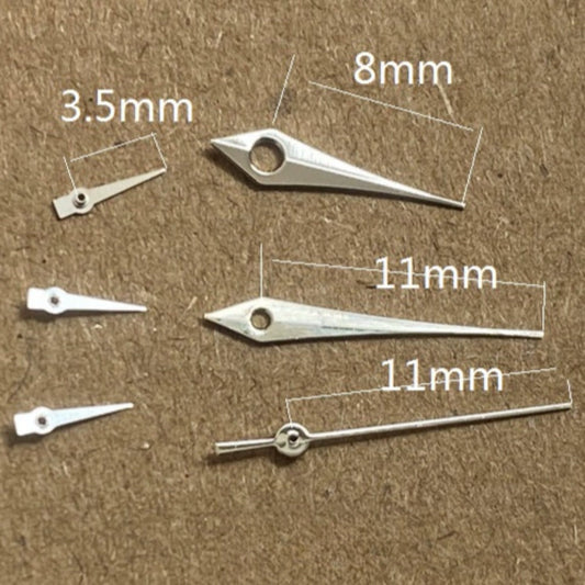 11mm silver arrow-shaped watch hands with six hands design for Miyota JS15 quartz movement.