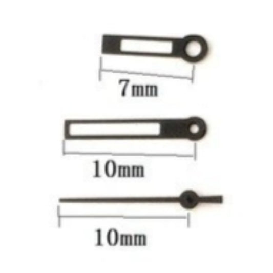Hollow black trim watch hands 10x10x7mm for Miyota 2035 quartz movement, precise timing accessory.