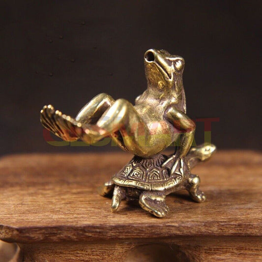 Hand-carved solid copper turtle-backed frog figurine, detailed bronze trinket for decor.