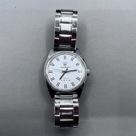 38mm DIAMOND Silver Band Manual Mechanical Watch 17 Jews White Dial Silver Case