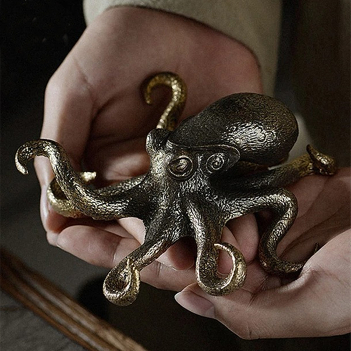 Hand-carved solid copper octopus figurine, vintage bronze trinket for elegant decor.