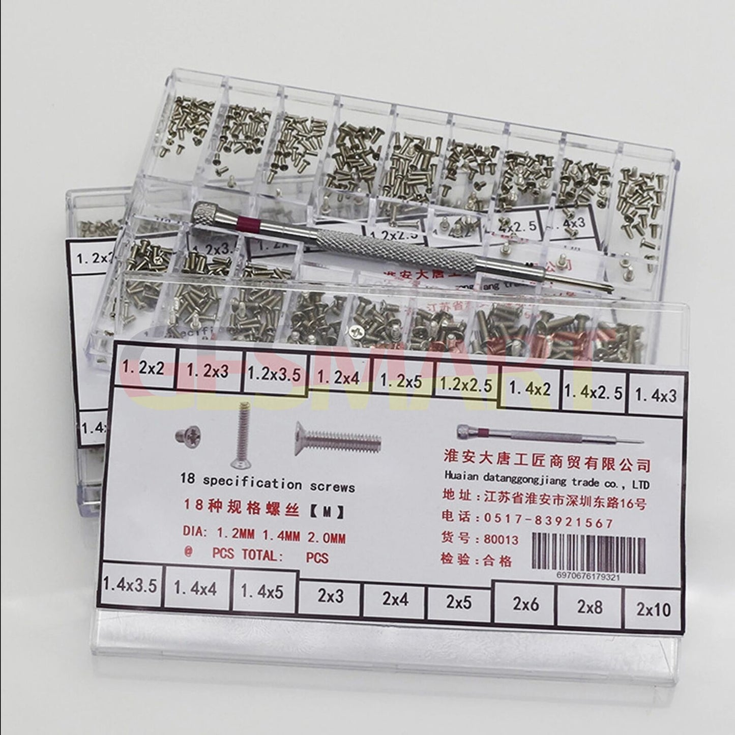 Specification screws assortment for watch repair, including jewelry fixing screws.