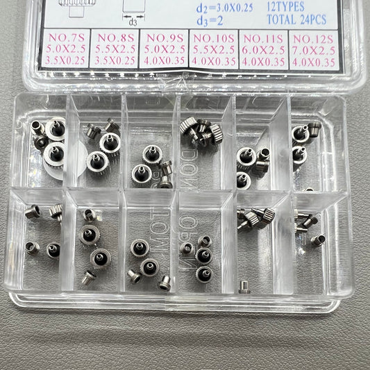 1. Stainless steel screw type crown set, 2 pieces, 12 types for watch accessories.