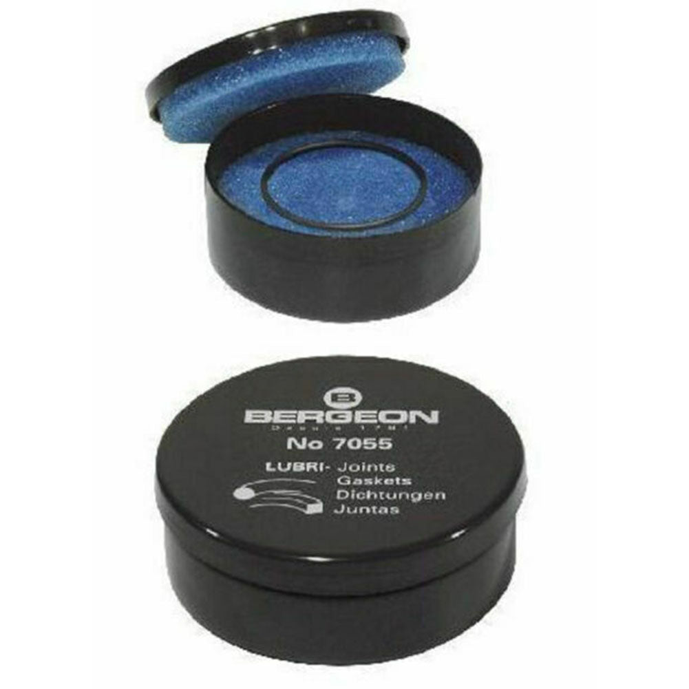 Bergeon 7055 Silicon Greaser applied on watch seals to improve gasket durability and lubrication.