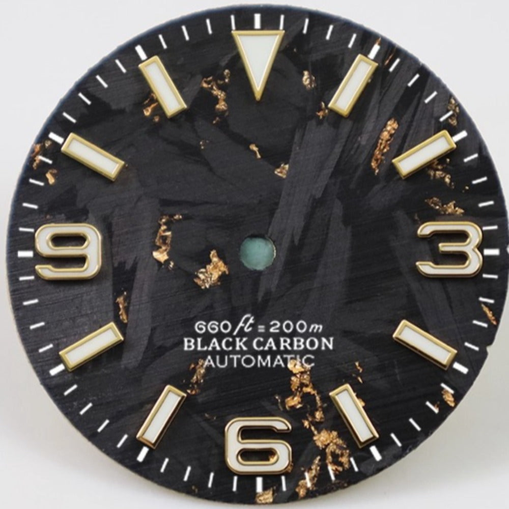 Golden and black 28.5mm Explorer style carbon fiber watch dial for NH34 NH35 by Golden+Black.