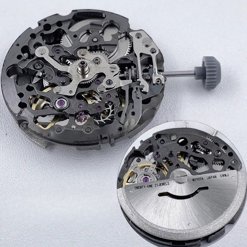 Genuine Miyota 8N24 dark grey hollow automatic mechanical watch movement for precise timekeeping.