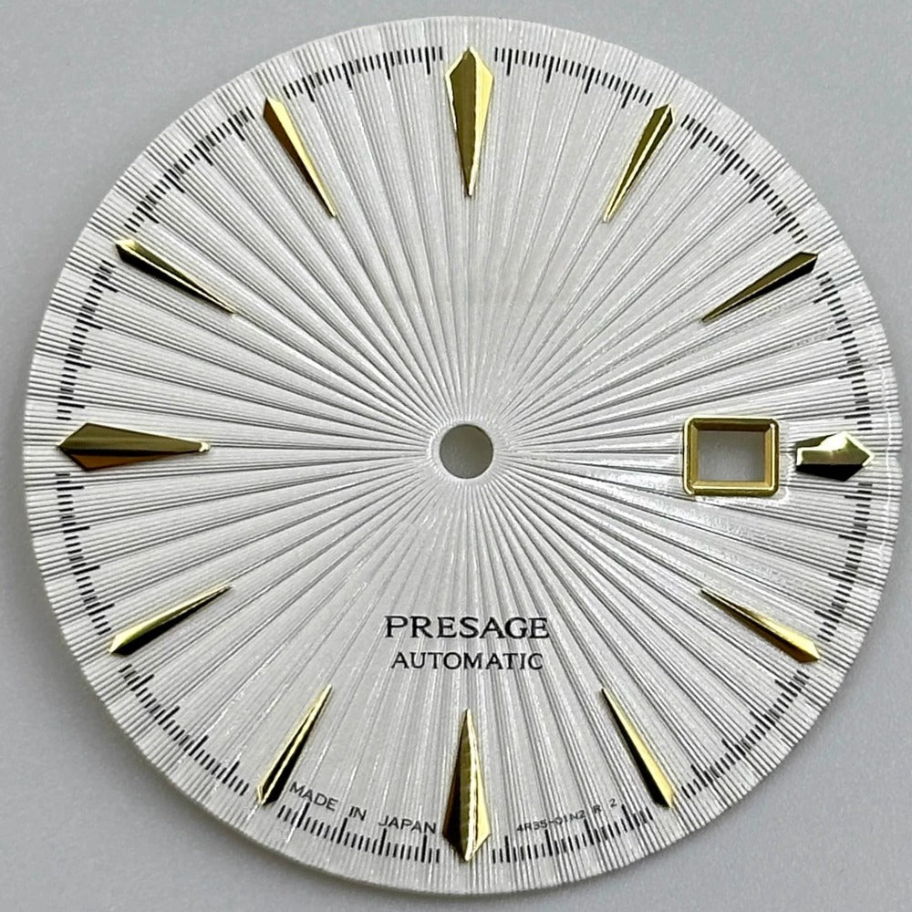 Golden 35mm Nail-style watch dial with white cocktail design, no lume, for NH35 movement.