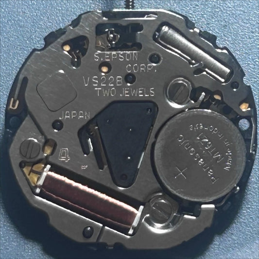 Epson VS22B solar watch movement with date at 3 o'clock, Japan made, reliable timekeeping.