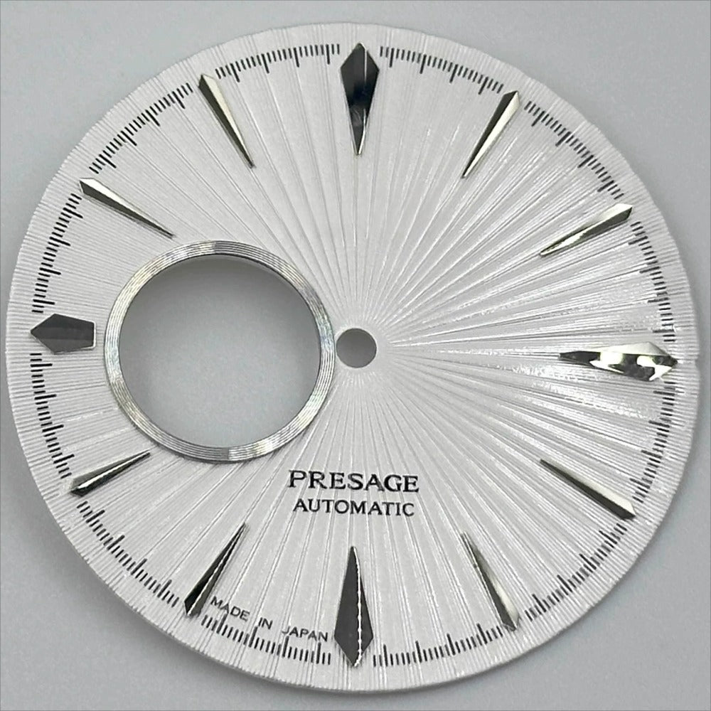 35mm Silver Nail dial with white no lume markers, cocktail style, for NH39 movement