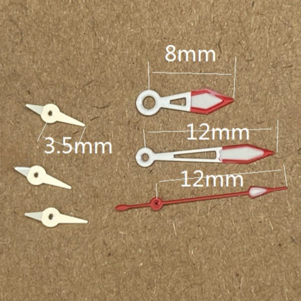 Red trim pointed watch hands with green lume, compatible with Miyota JS15 quartz movement, 8x12x12mm size.