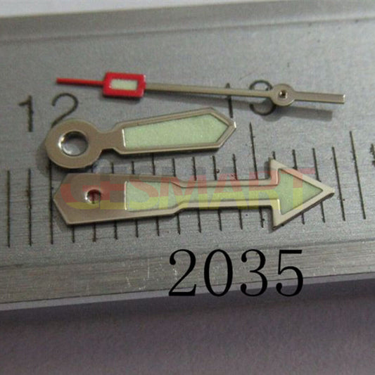 Arrow-shaped silver trim watch hand with green lume, compatible with Miyota 2035, 2115, 2105, 2305 movements.