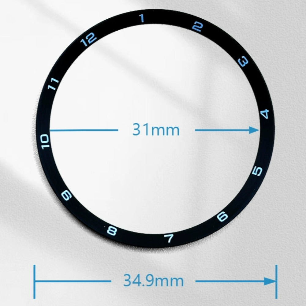 Black stainless steel chapter ring for watch repair, 34.9mm x 31.0mm x 1.9mm.