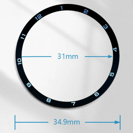 Black stainless steel chapter ring for watch repair, 34.9mm x 31.0mm x 1.9mm.