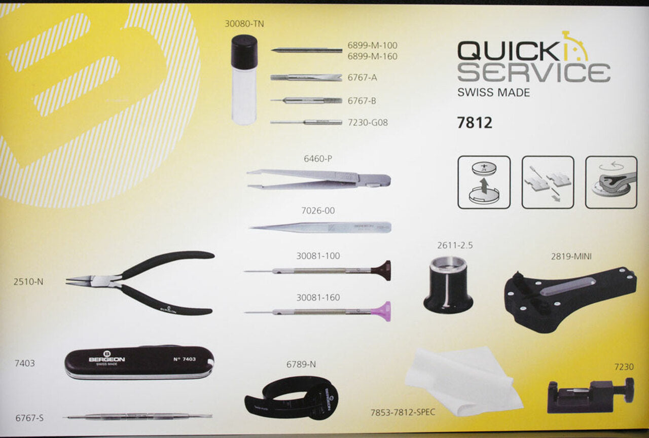 Bergeon 7812 watch repair kit with essential tools for professional quick service and maintenance.