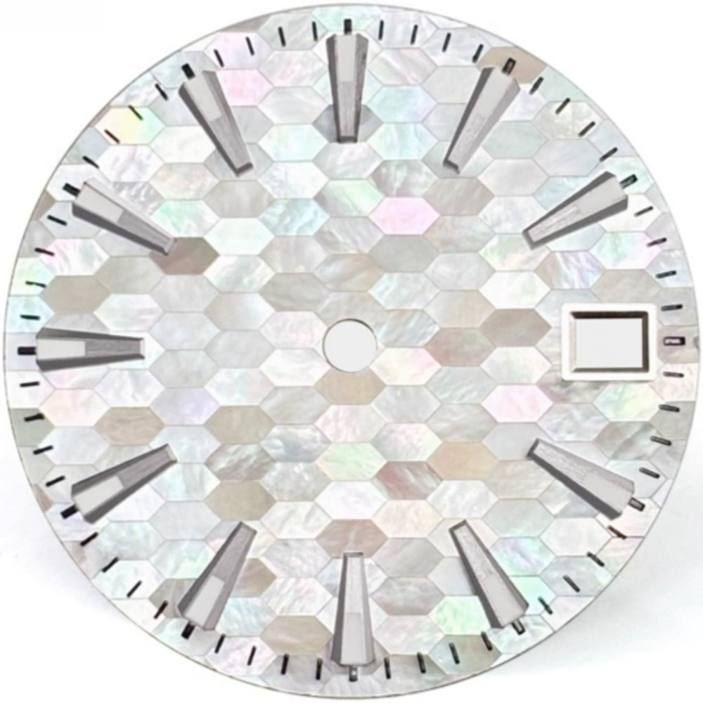 White trapezoid nail watch dial with natural seashell and blue lume, compatible with NH35 movement.