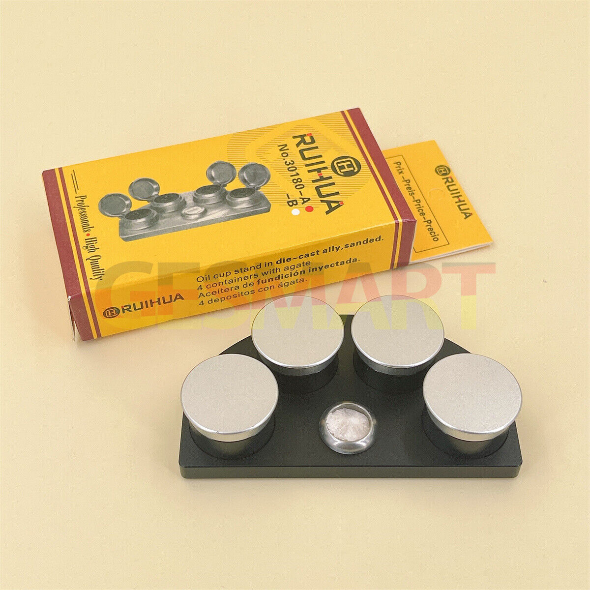Die-cast alloy oil cup stand with four black ceramic containers for precise watch repair.