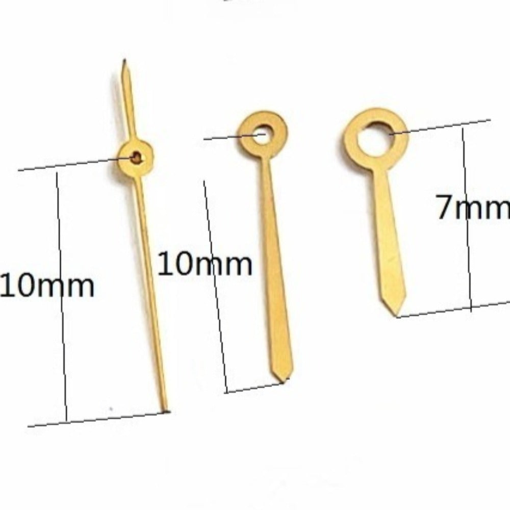 Golden watch hands set 10x10x7mm for Ronda 785 movement, enhancing watch repair and customization.