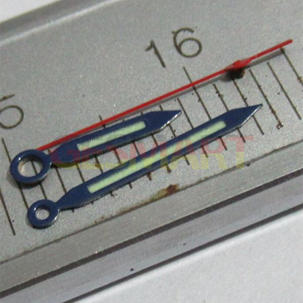 Red second hand with blue trim and green lume for Miyota 2035, 2115, 2105 watch hands set.