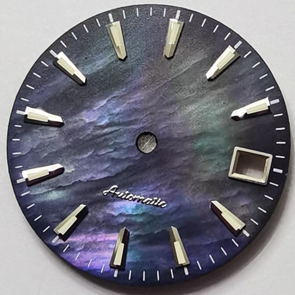 Twill Universe 28.5mm green lume seashell watch dial with MOP finish for NH35/NH36 movements.