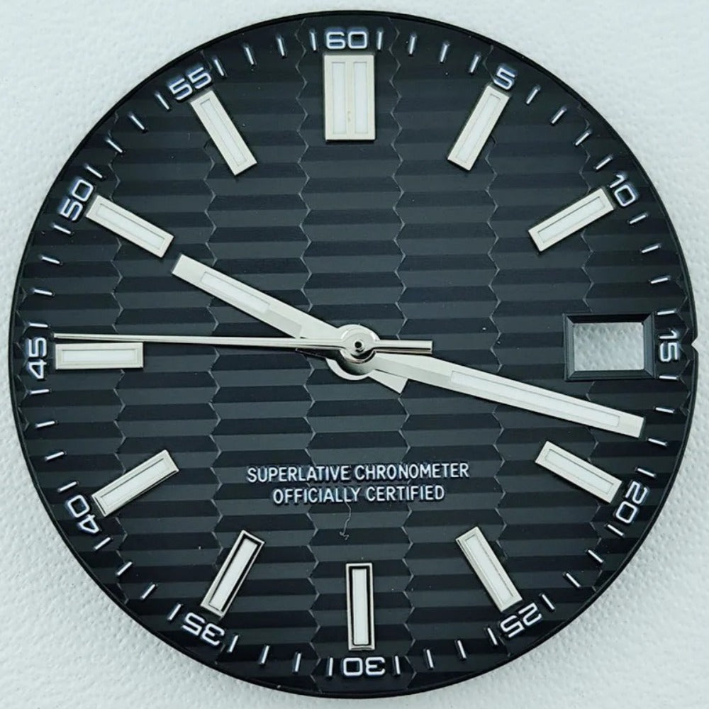 Green Lume Waved Black Watch Dial with Silver Trim Suitable for NH35