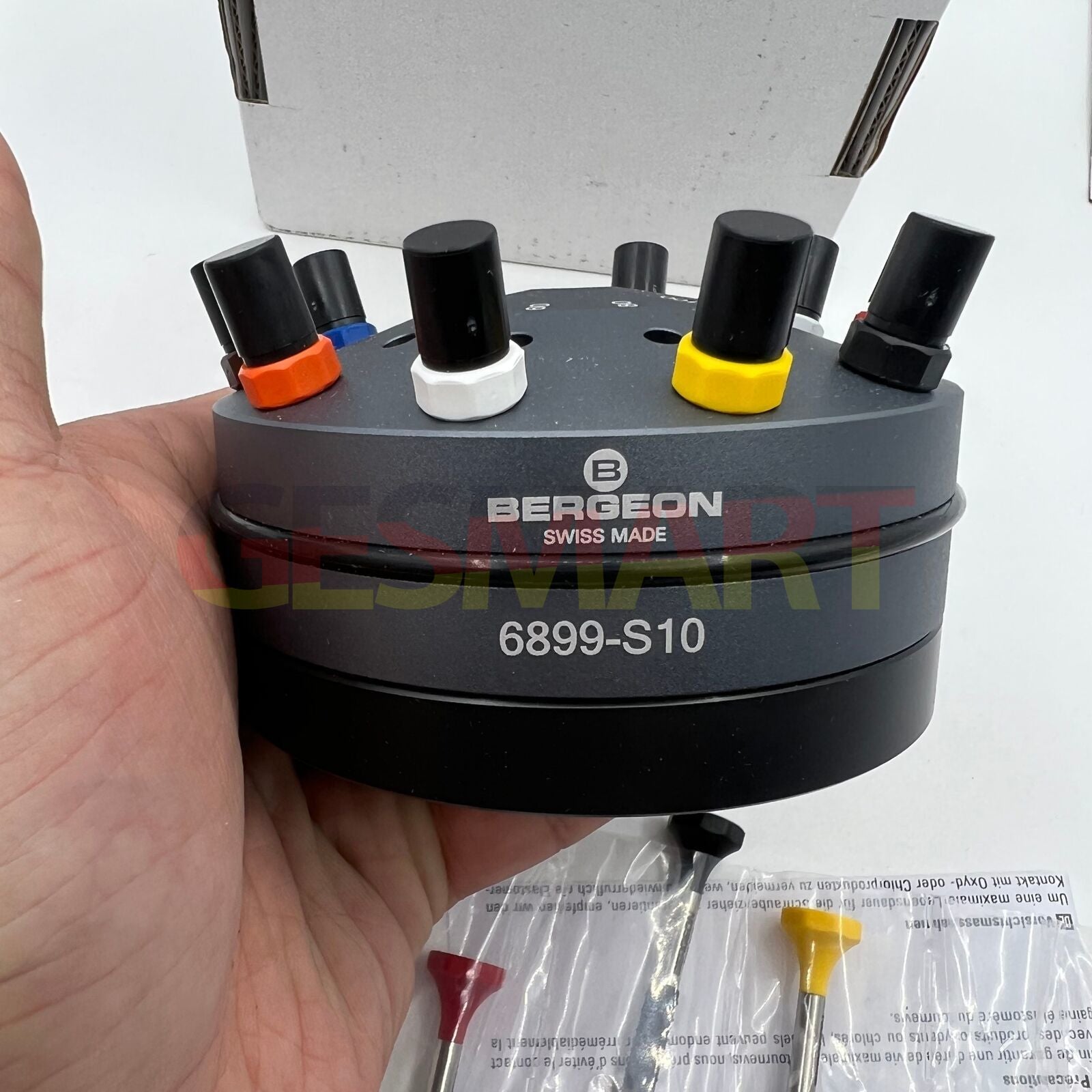 Bergeon 6899-S10 stainless steel screwdrivers set with elastomer handles for precise watch repairs.