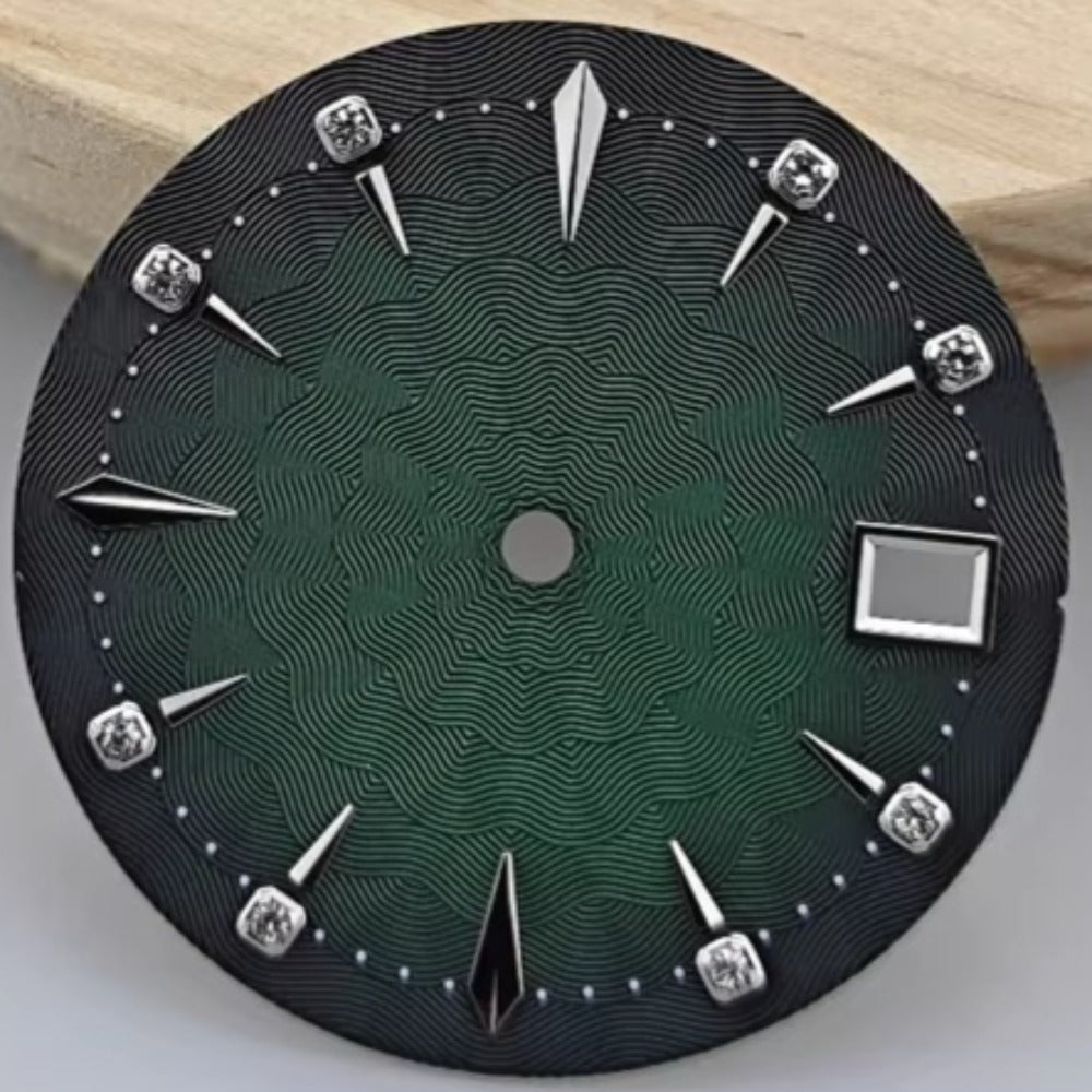 29mm Green Radial Vein watch dial, compatible with NH35 movement, featuring single calendar for ladies.