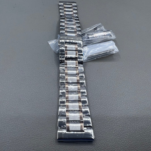 Curved end 12-24mm steel watch band strap in rose gold and silver with butterfly clasp.