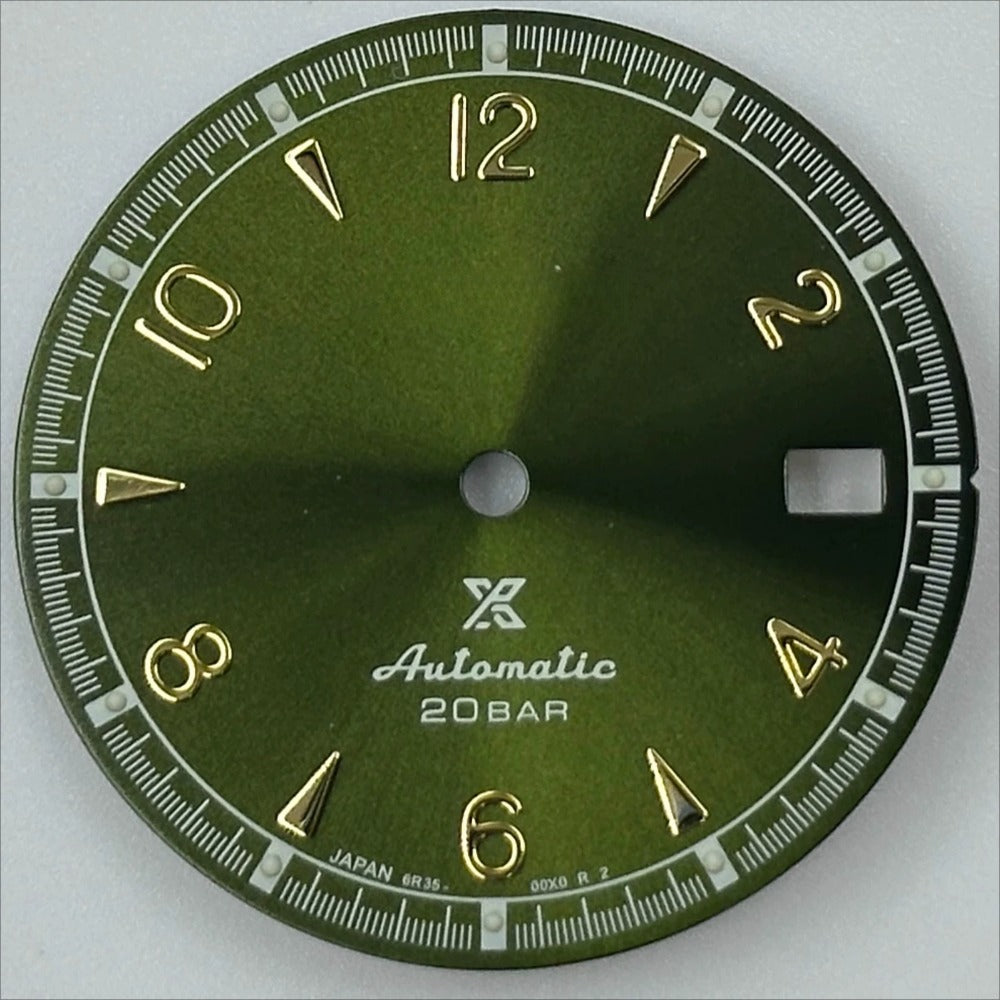 Golden Nail vintage 30mm olive green luminous watch dial with modified design for NH35 movement.