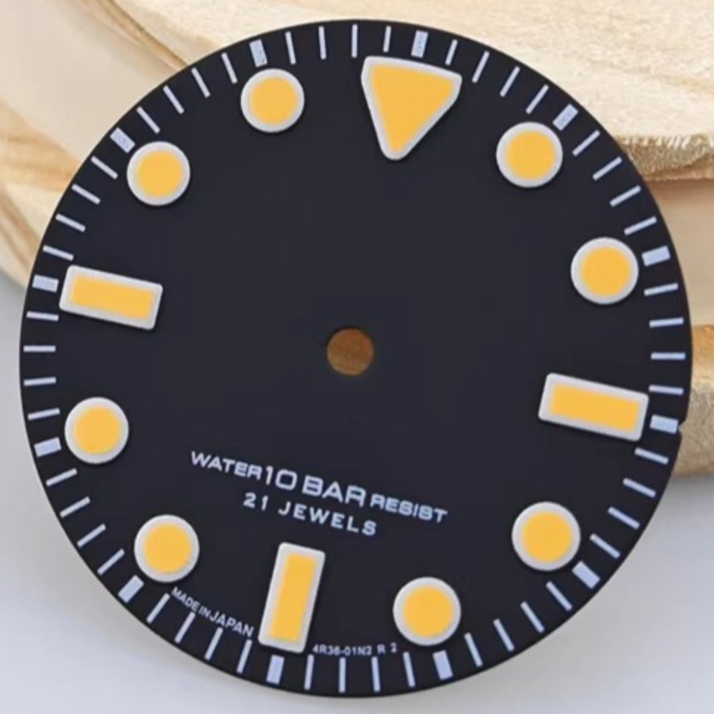28.5mm white font green lume watch dial compatible with NH35/NH36/4R35 movement, ideal for replacements