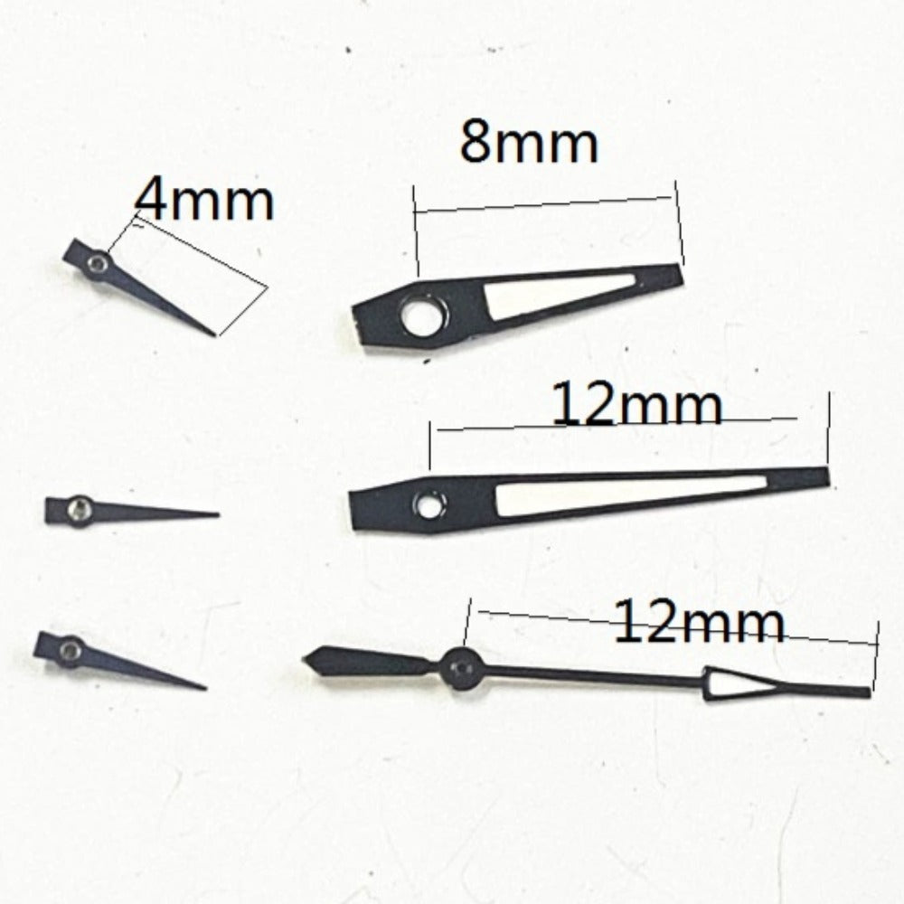 Black trim green lume watch hands for Miyota JS15 quartz movement, enhancing readability and style.