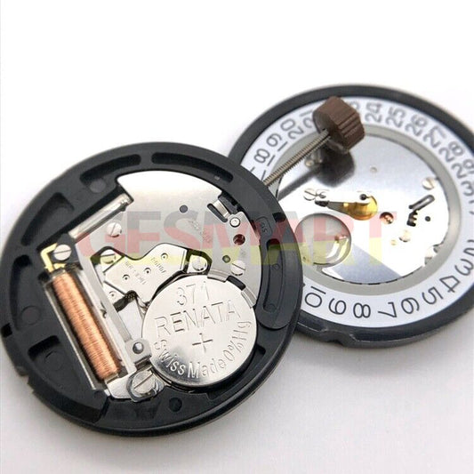 Ronda 515 quartz watch movement with date display at 3 o'clock and 6 o'clock positions for precise timekeeping.