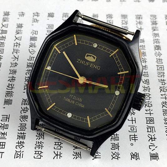 Zhufeng black octagonal watch with gold accents, manual mechanical movement for men and women.