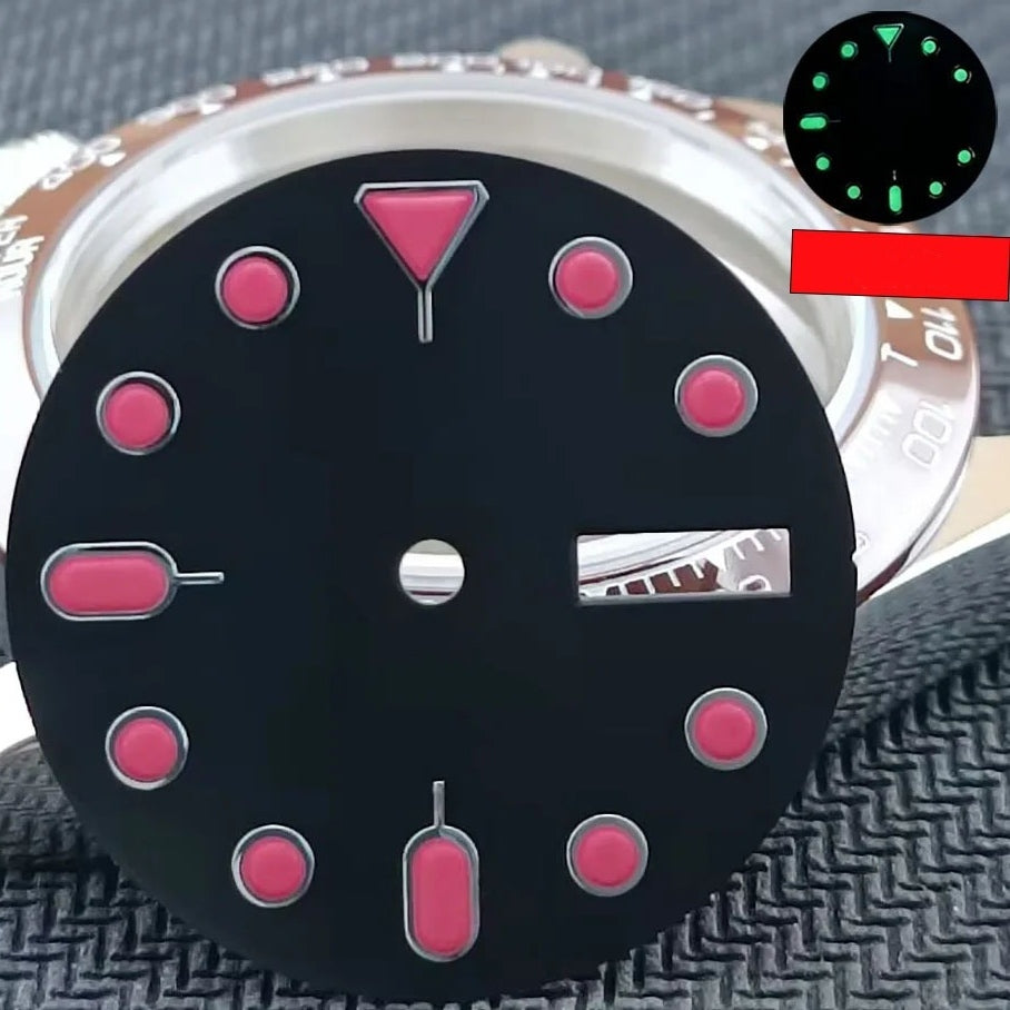 28.5mm green lume metal dial with pink paint and silver trim for SKX007 NH36 watch accessories.