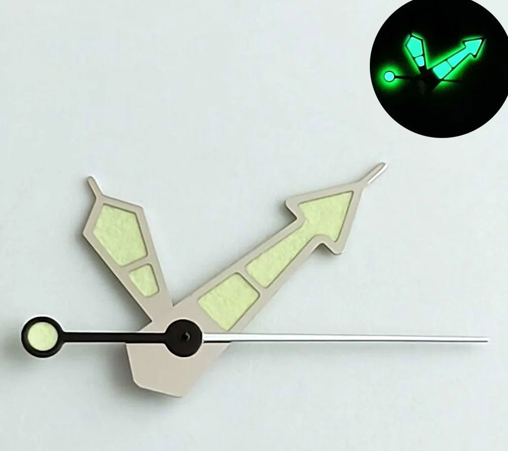 Green painted watch hands with green lume and silver trim for NH35, NH36, NH70 movements.