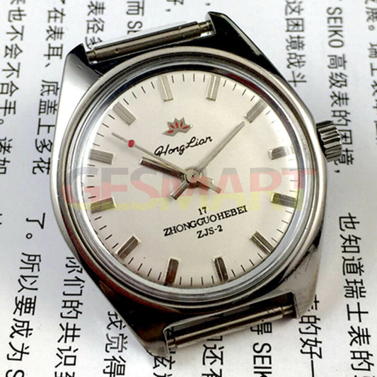 HONGLIAN manual mechanical watch with silver nail markers, round silver case, and sleek silver dial.