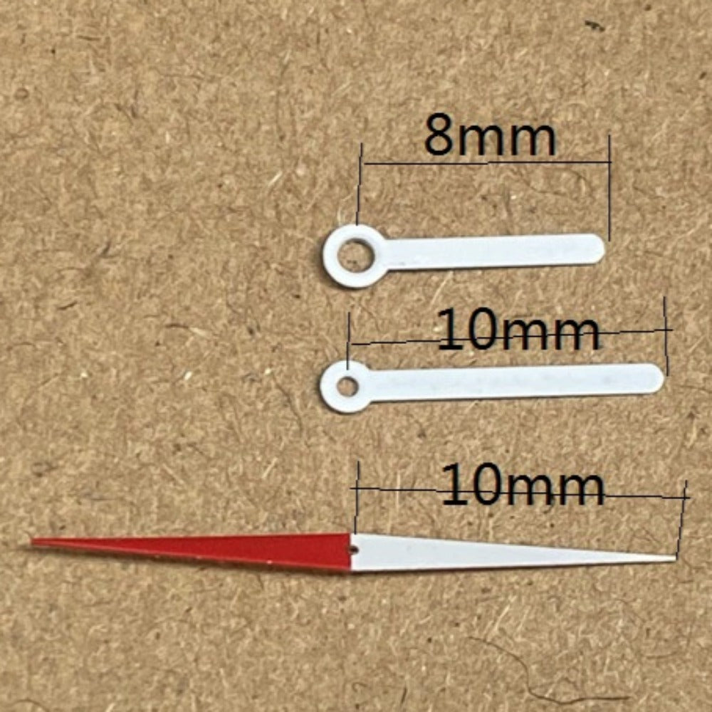 Red Tail white painted arrow watch hands, 10mm, for Ronda 515 quartz movement