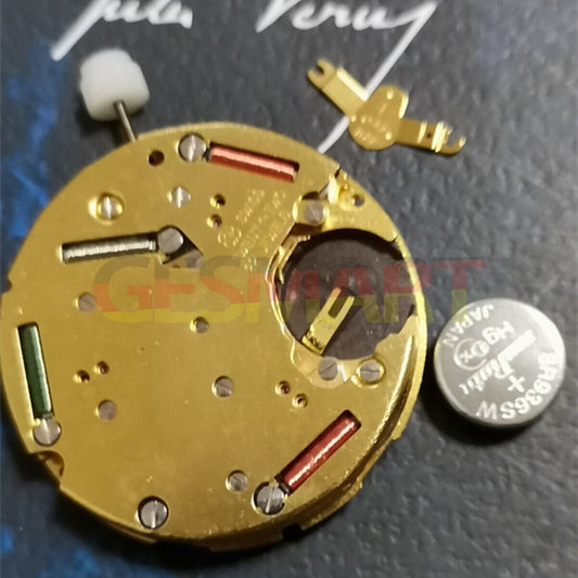 Swiss Made ETA 251.272 golden quartz watch movement with 3 hands and date at 4 o'clock, precision timing