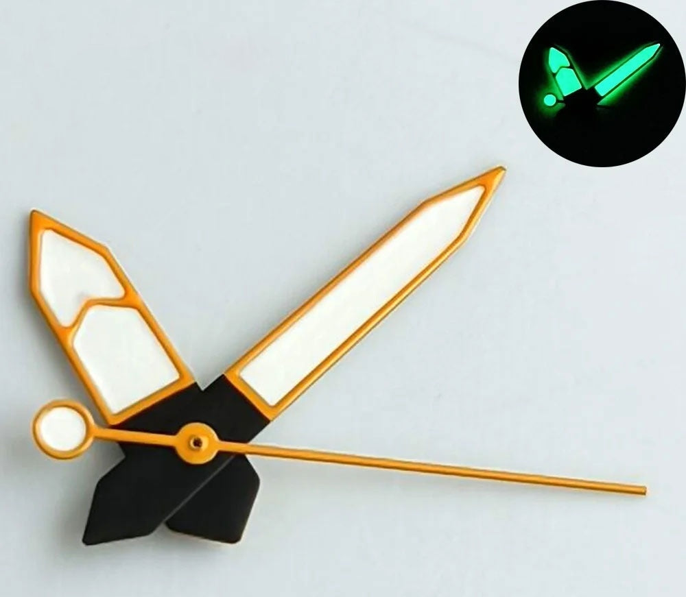 Orange trim green lume watch hands for NH35, NH36, 7S26, 4R35, 4R36, NH70, NH72 movements.