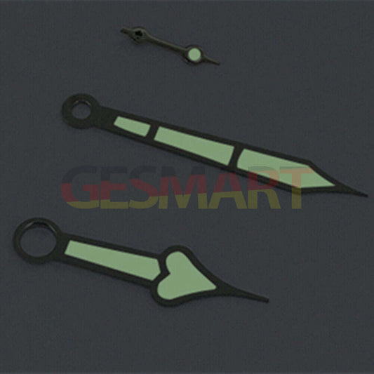Heart shaped silver trim green lume watch hands, compatible with ST3600/ST3620/ETA6497/6498 movements.