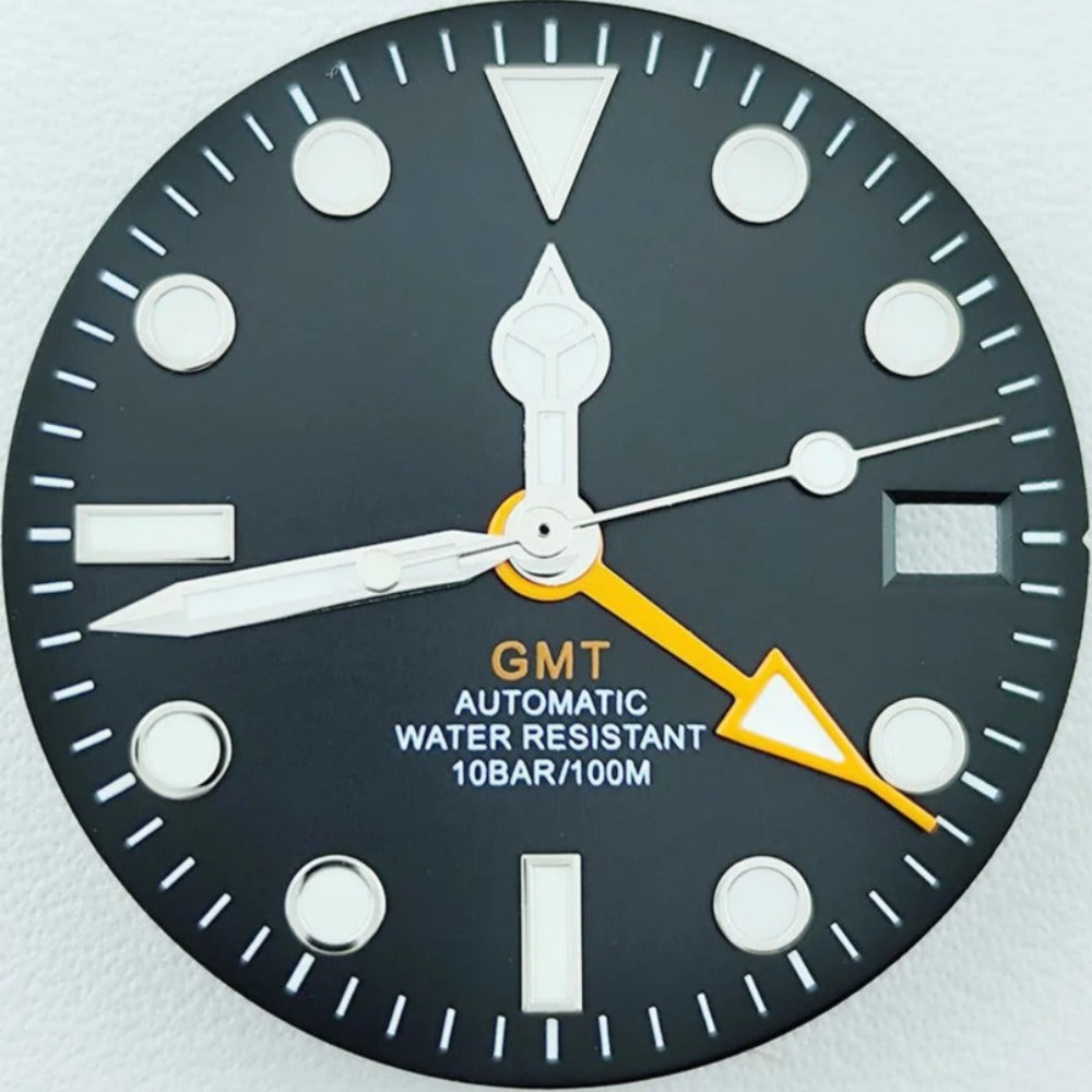 Black 28.5mm Silver Trim Orange GMT Hand Lume Watch Dial with Hands for NH34