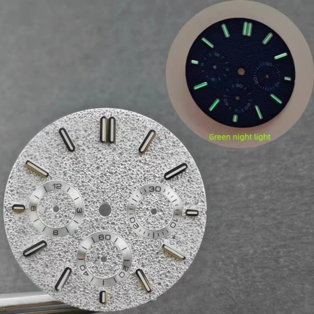 31mm Oak Tree silver matted watch dial with green lume, no logo, for VK63 quartz movement accessories.