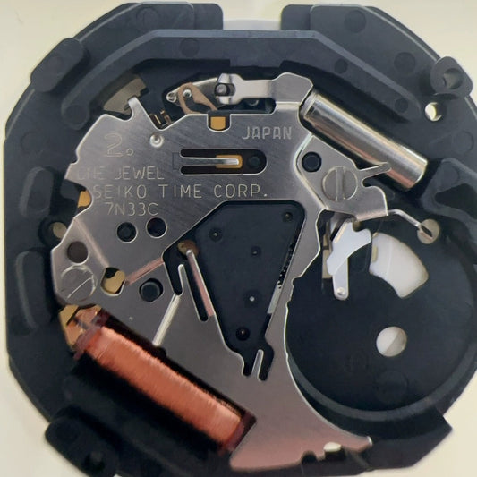Original Japan Made 7N33 quartz day-date watch part with three hands, perfect for precise timekeeping.