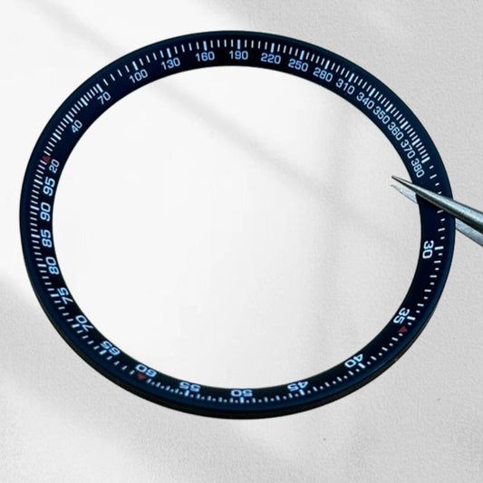 Black metal modified chapter ring 37x31.5mm for watch repair, precision fit for restoration and accessory use.