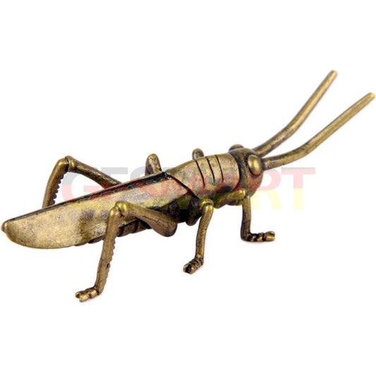 Hand-carved solid copper grasshopper figurine, vintage bronze finish trinket accessory.