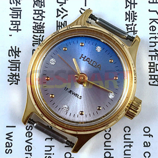 HAIDA 23mm manual mechanical lady watch with golden nail markers, 17 jewels, and gradient blue dial for elegant style.