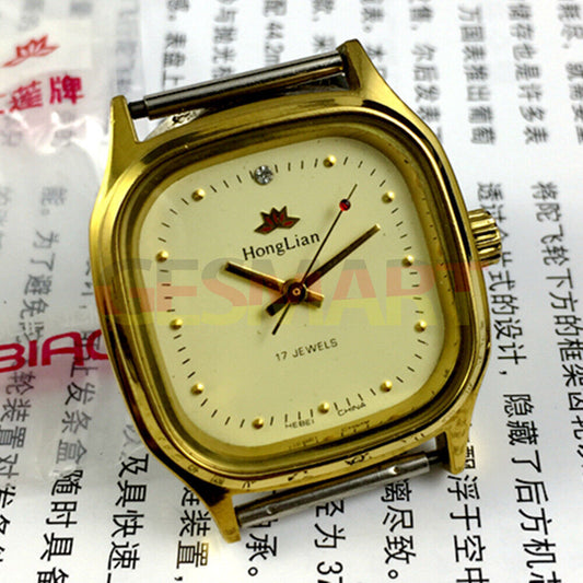 33mm HONGLIAN manual watch with yellow dial, golden nail markers, and square golden case design.