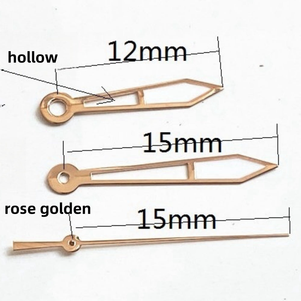 1. Rose gold hollow lume watch hands set, 15x15x12mm, compatible with Ronda 515 quartz movement.