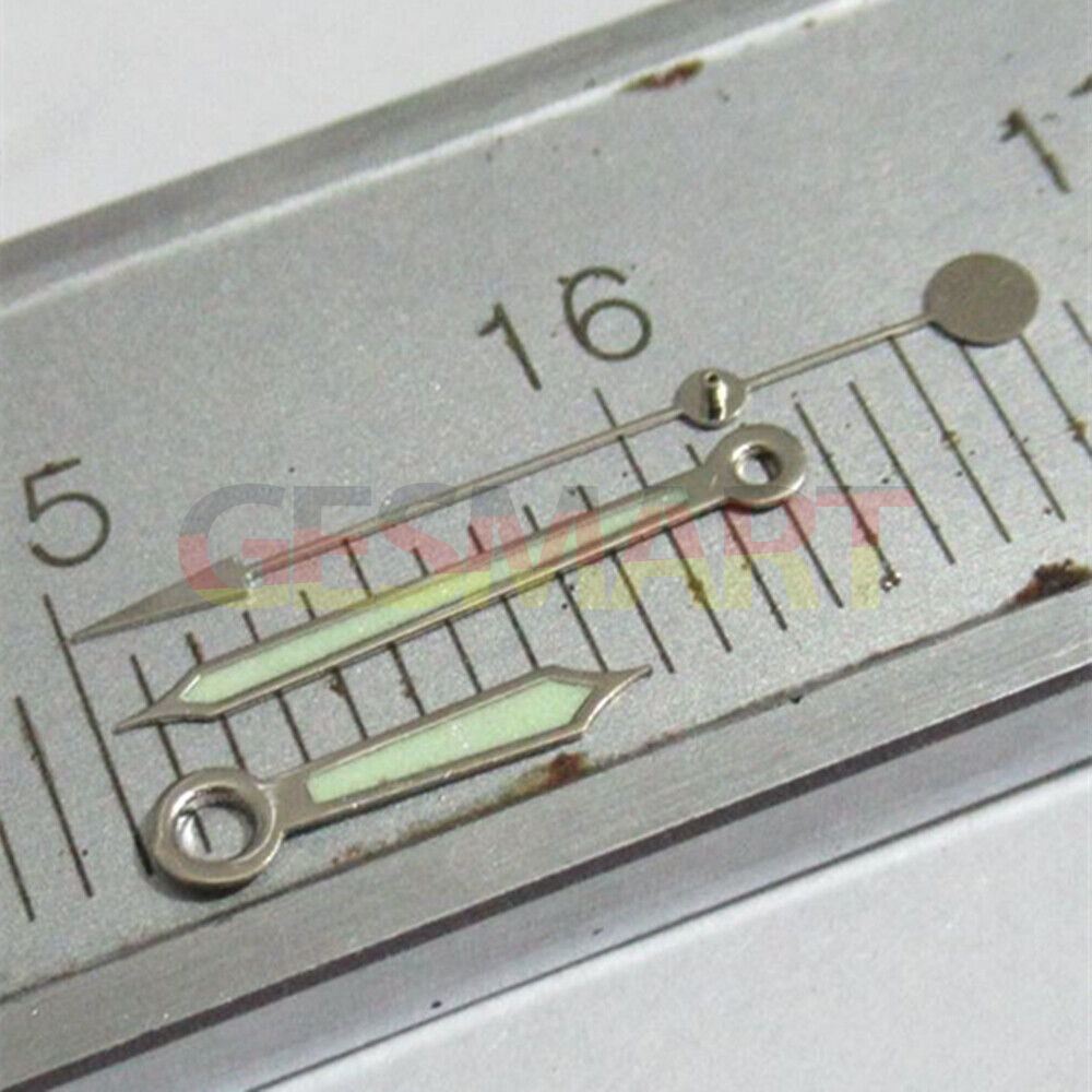 Green luminous watch hands with silver trim for Miyota 2035, 2115, 2105, 2305, 2315 movements.